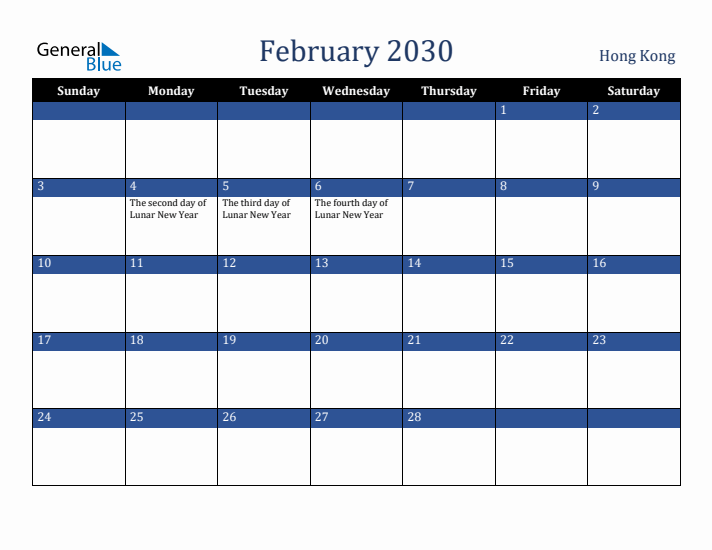 February 2030 Hong Kong Calendar (Sunday Start)