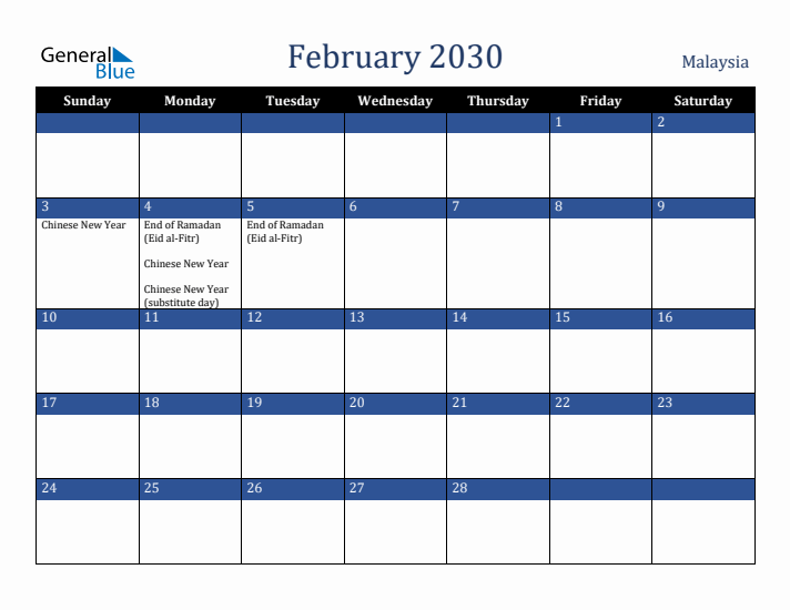February 2030 Malaysia Calendar (Sunday Start)