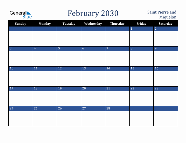 February 2030 Saint Pierre and Miquelon Calendar (Sunday Start)