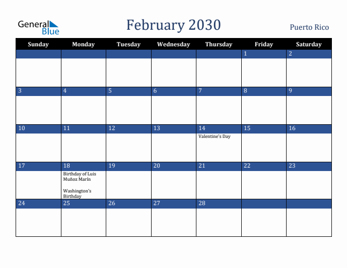 February 2030 Puerto Rico Calendar (Sunday Start)