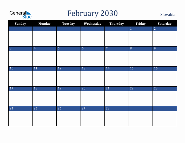 February 2030 Slovakia Calendar (Sunday Start)