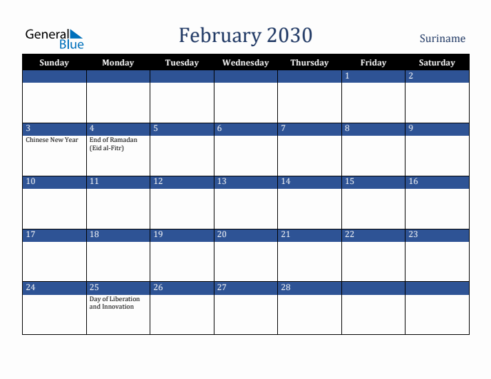 February 2030 Suriname Calendar (Sunday Start)