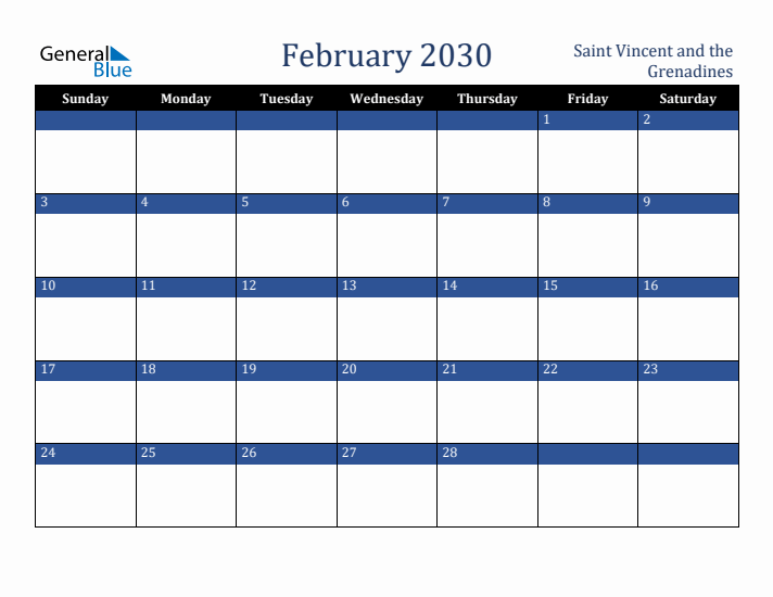 February 2030 Saint Vincent and the Grenadines Calendar (Sunday Start)