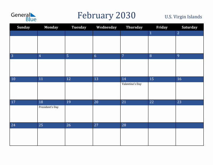 February 2030 U.S. Virgin Islands Calendar (Sunday Start)