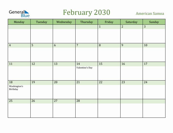 February 2030 Calendar with American Samoa Holidays