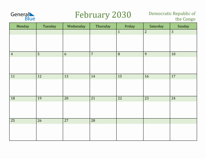February 2030 Calendar with Democratic Republic of the Congo Holidays