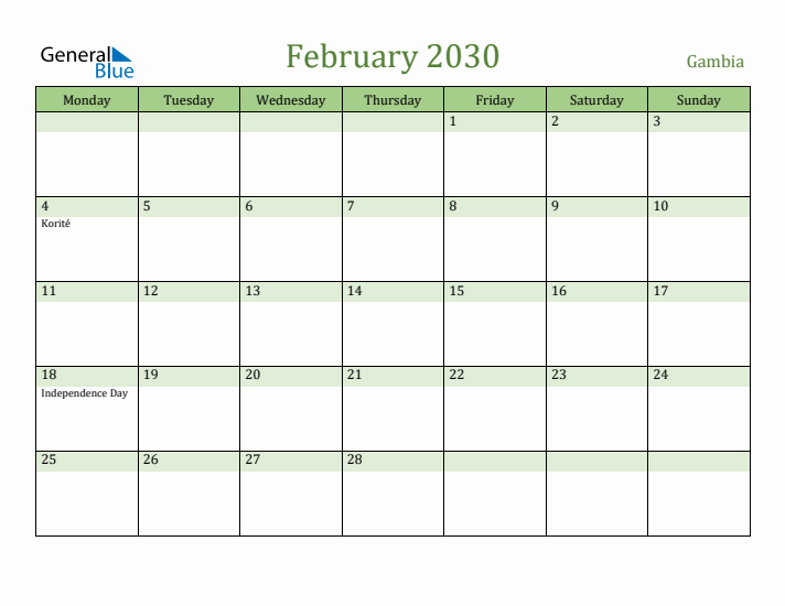 February 2030 Calendar with Gambia Holidays