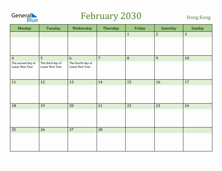 February 2030 Calendar with Hong Kong Holidays