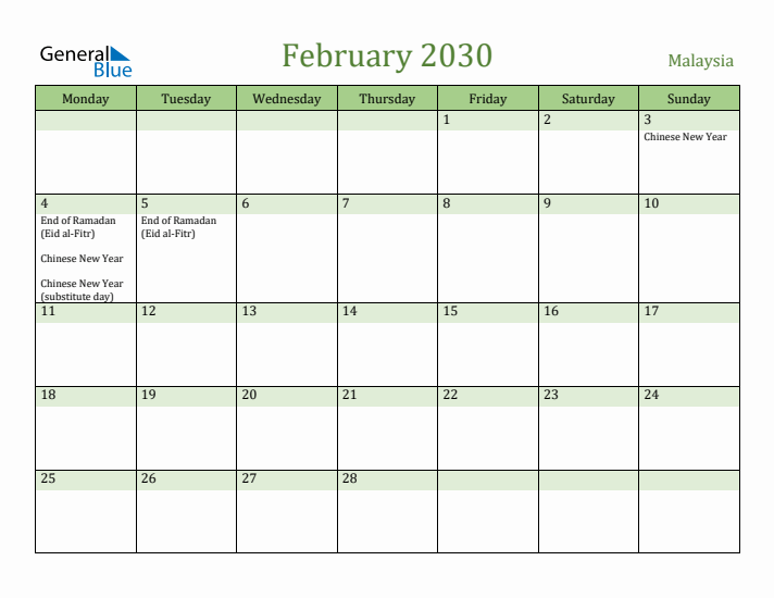 February 2030 Calendar with Malaysia Holidays