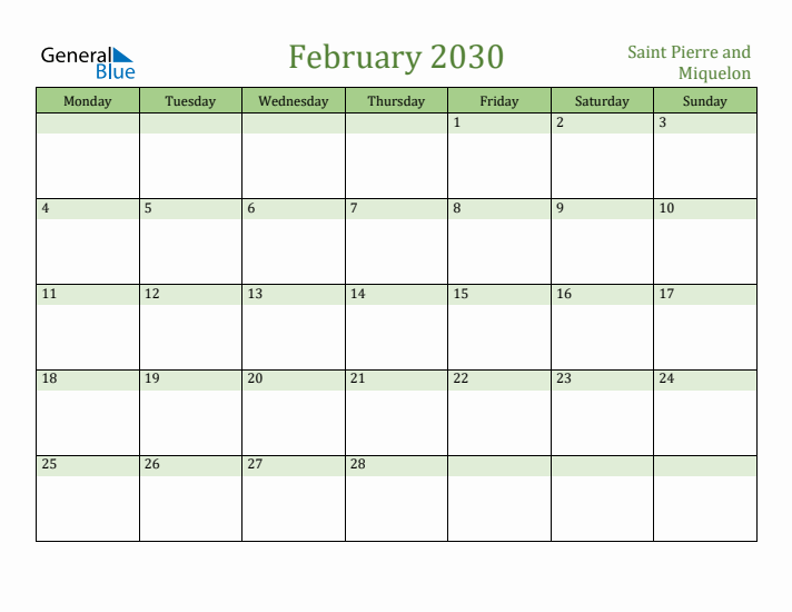 February 2030 Calendar with Saint Pierre and Miquelon Holidays