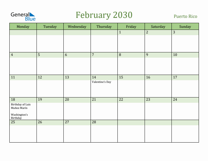 February 2030 Calendar with Puerto Rico Holidays