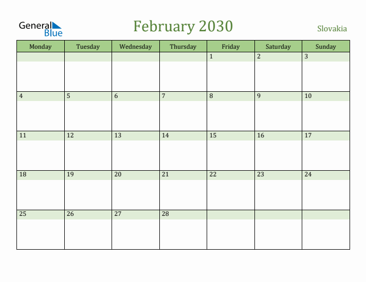 February 2030 Calendar with Slovakia Holidays