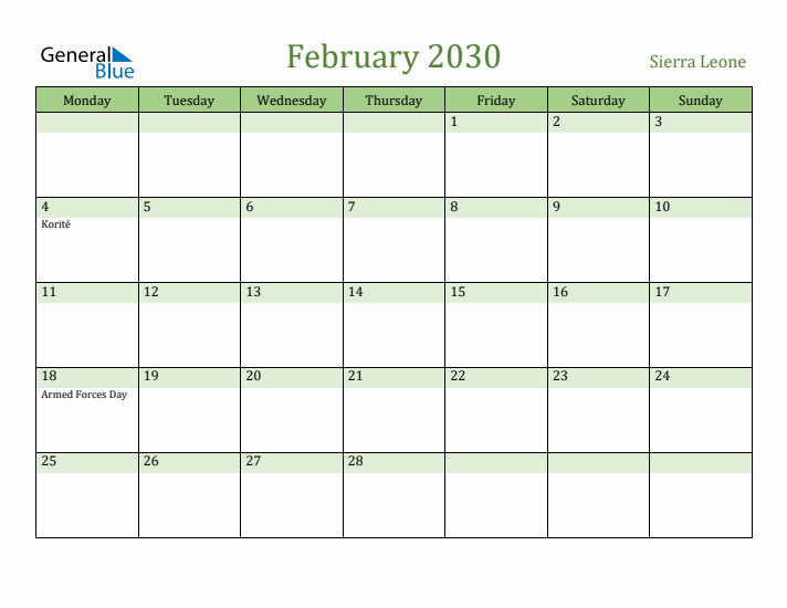 February 2030 Calendar with Sierra Leone Holidays