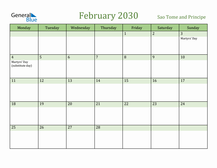 February 2030 Calendar with Sao Tome and Principe Holidays