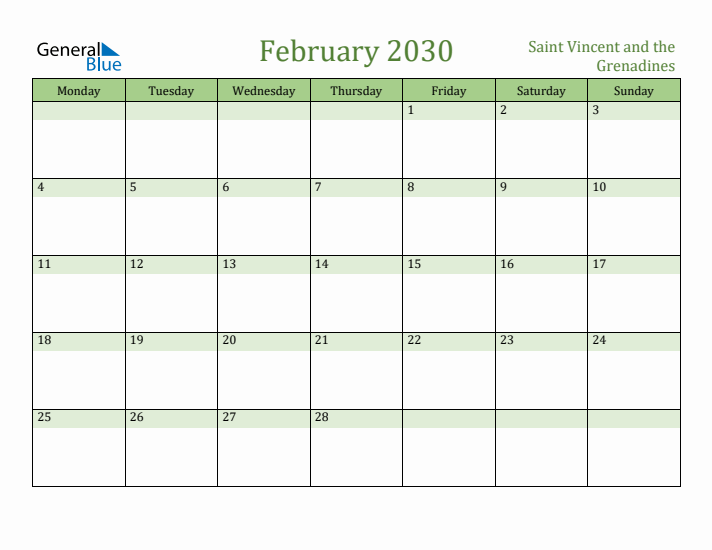 February 2030 Calendar with Saint Vincent and the Grenadines Holidays