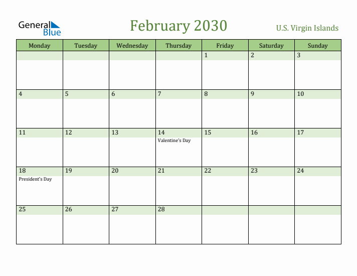 February 2030 Calendar with U.S. Virgin Islands Holidays