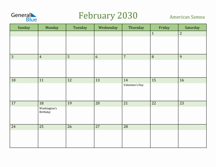 February 2030 Calendar with American Samoa Holidays