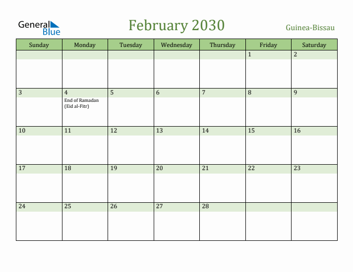 February 2030 Calendar with Guinea-Bissau Holidays