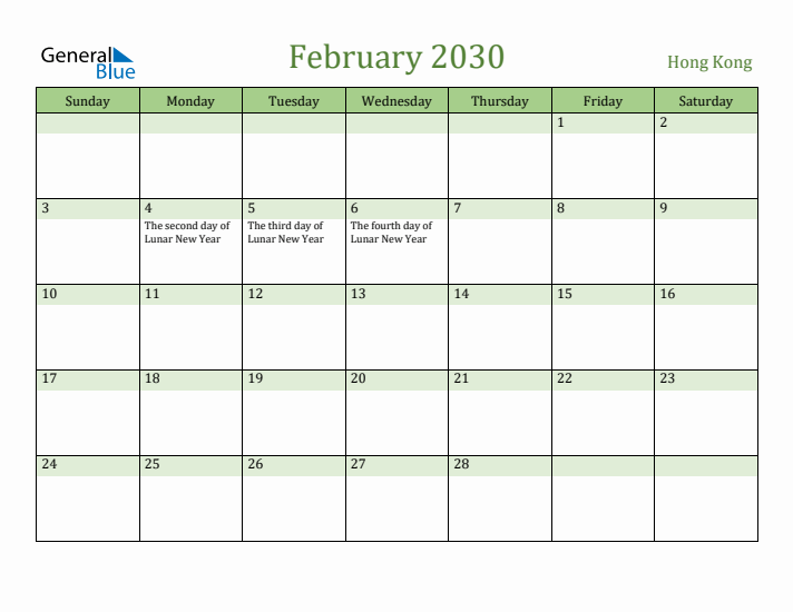 February 2030 Calendar with Hong Kong Holidays