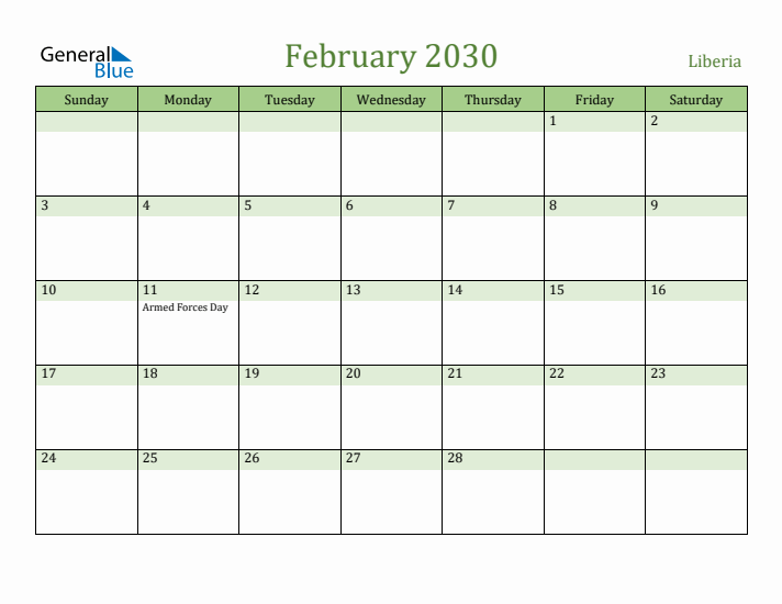 February 2030 Calendar with Liberia Holidays