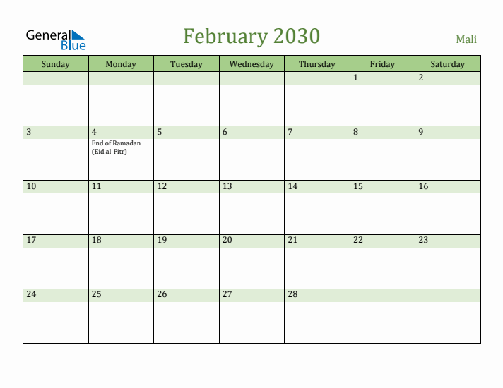 February 2030 Calendar with Mali Holidays