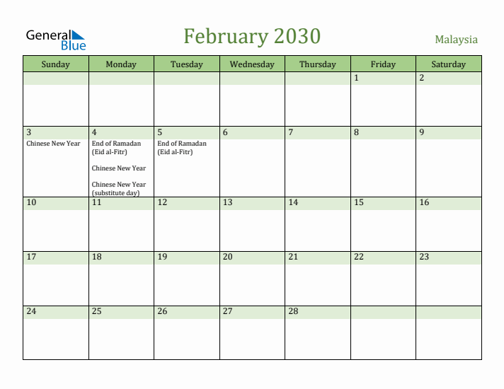 February 2030 Calendar with Malaysia Holidays