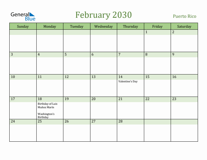 February 2030 Calendar with Puerto Rico Holidays