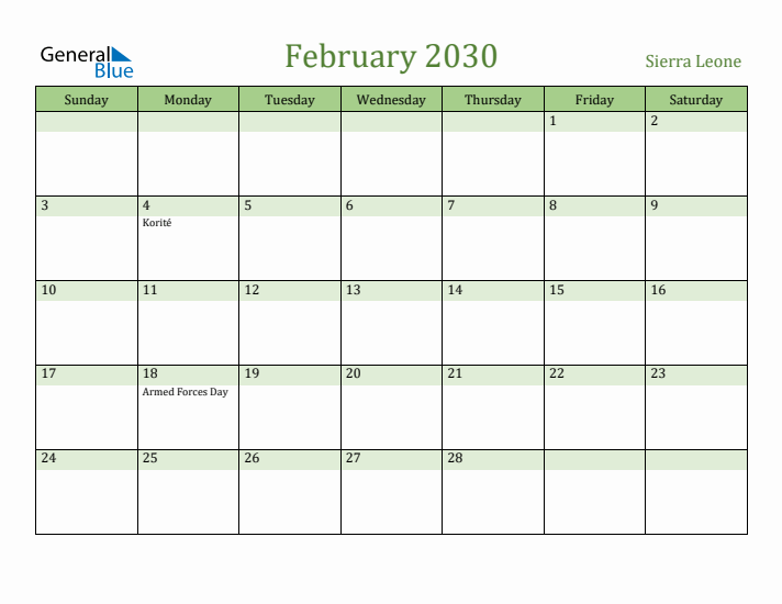 February 2030 Calendar with Sierra Leone Holidays