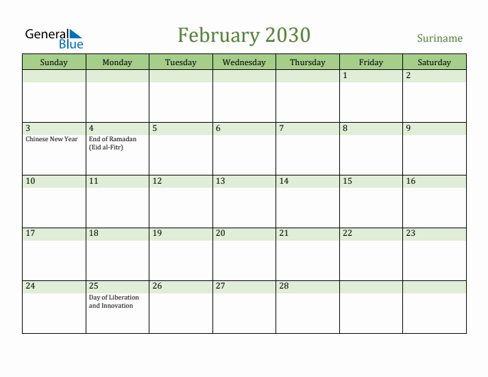 February 2030 Calendar with Suriname Holidays