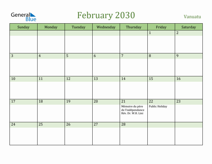February 2030 Calendar with Vanuatu Holidays