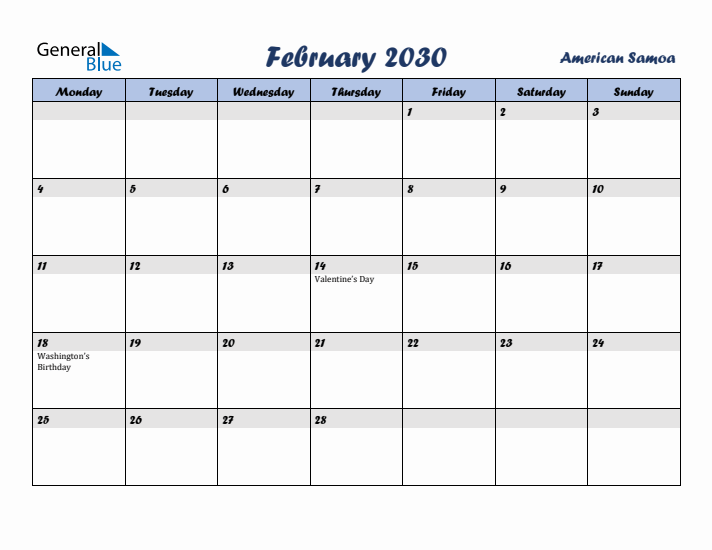 February 2030 Calendar with Holidays in American Samoa