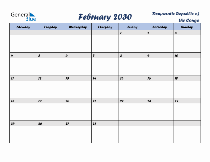 February 2030 Calendar with Holidays in Democratic Republic of the Congo