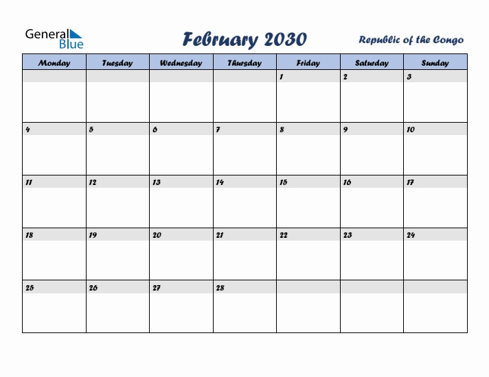 February 2030 Calendar with Holidays in Republic of the Congo