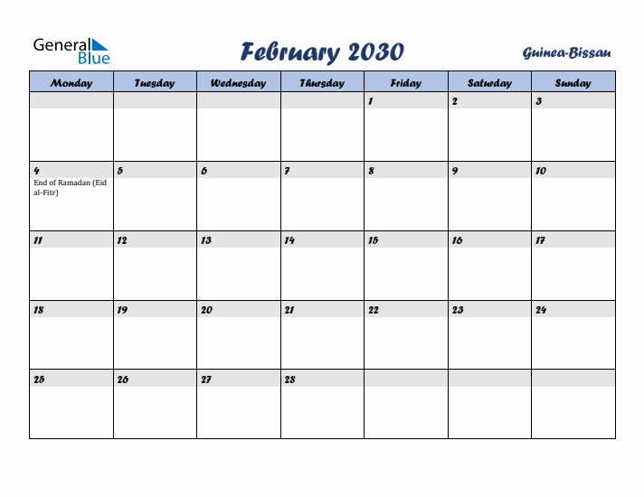February 2030 Calendar with Holidays in Guinea-Bissau