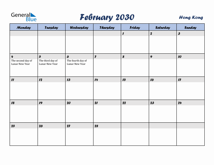 February 2030 Calendar with Holidays in Hong Kong