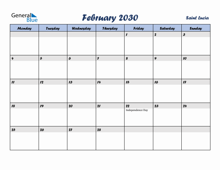 February 2030 Calendar with Holidays in Saint Lucia