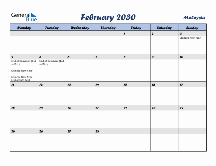 February 2030 Calendar with Holidays in Malaysia