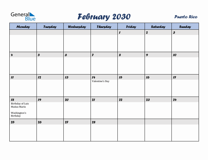 February 2030 Calendar with Holidays in Puerto Rico