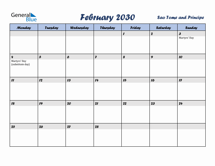 February 2030 Calendar with Holidays in Sao Tome and Principe
