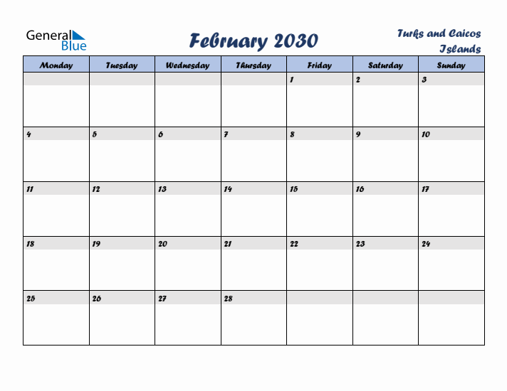 February 2030 Calendar with Holidays in Turks and Caicos Islands