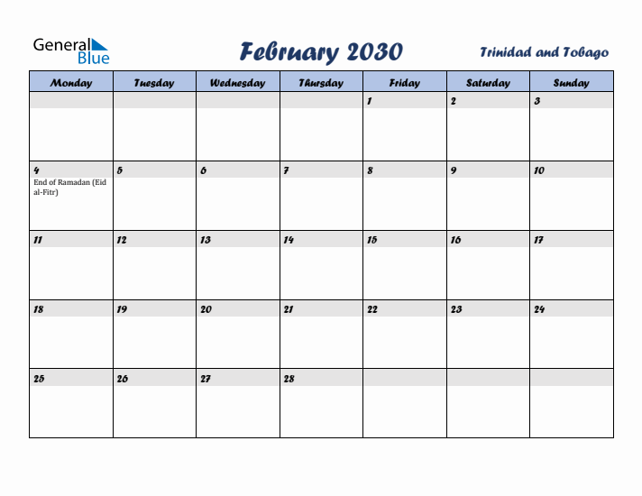 February 2030 Calendar with Holidays in Trinidad and Tobago