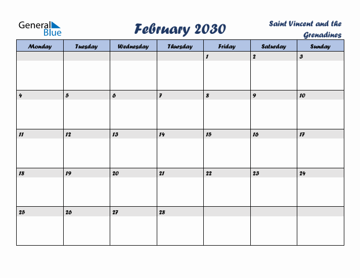 February 2030 Calendar with Holidays in Saint Vincent and the Grenadines