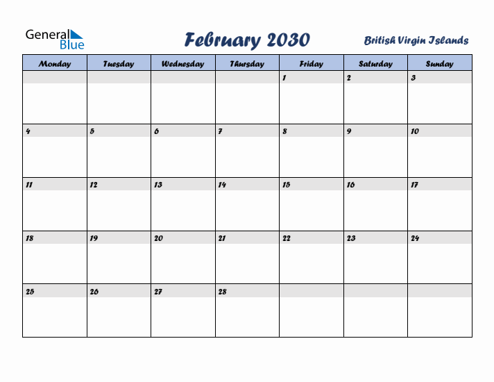 February 2030 Calendar with Holidays in British Virgin Islands