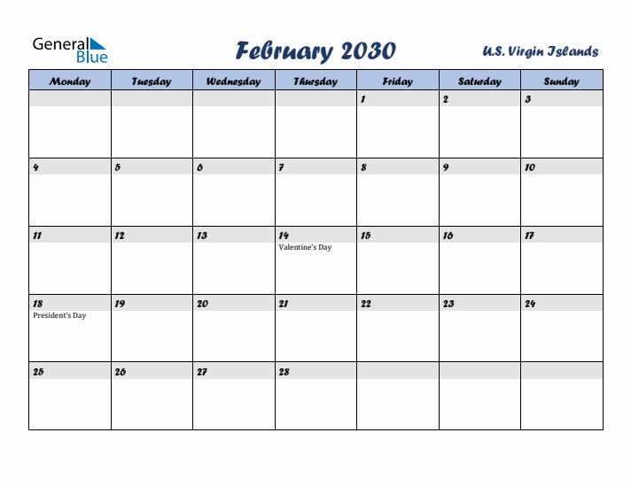 February 2030 Calendar with Holidays in U.S. Virgin Islands