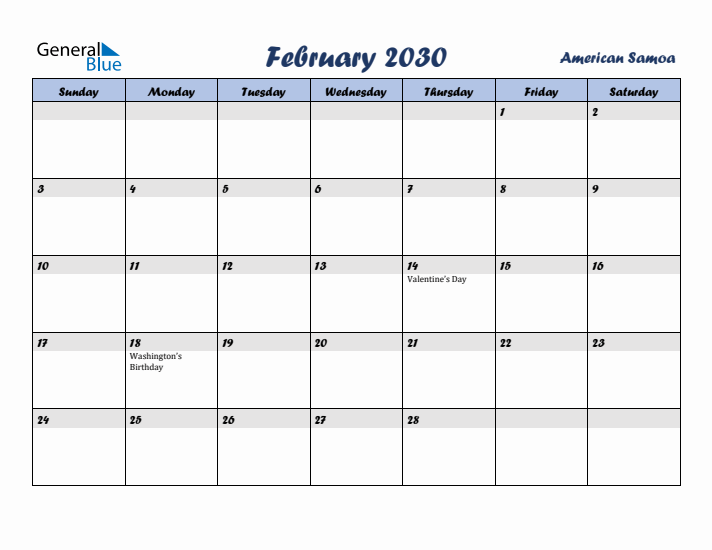February 2030 Calendar with Holidays in American Samoa