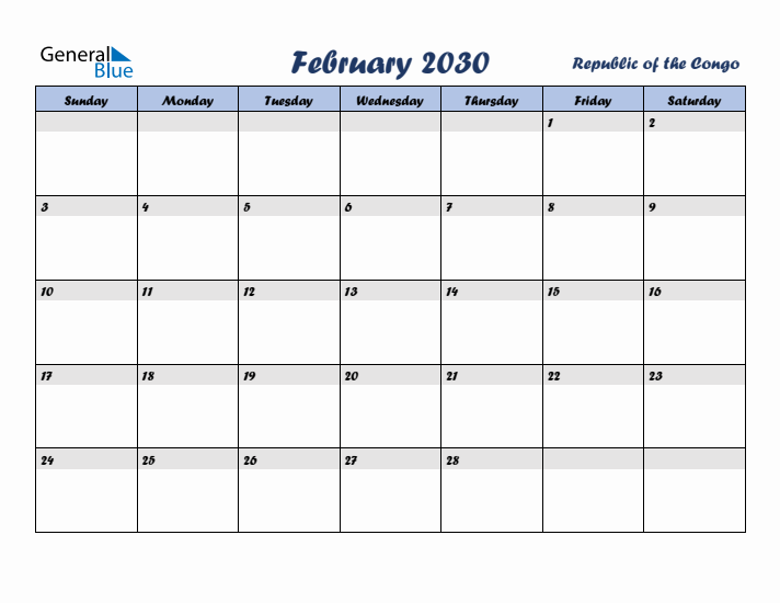 February 2030 Calendar with Holidays in Republic of the Congo
