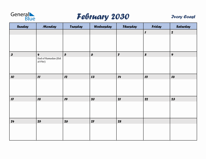 February 2030 Calendar with Holidays in Ivory Coast
