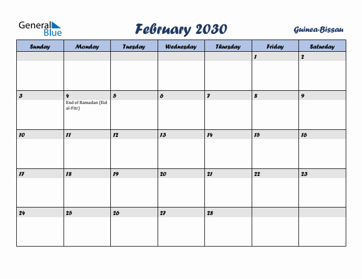 February 2030 Calendar with Holidays in Guinea-Bissau