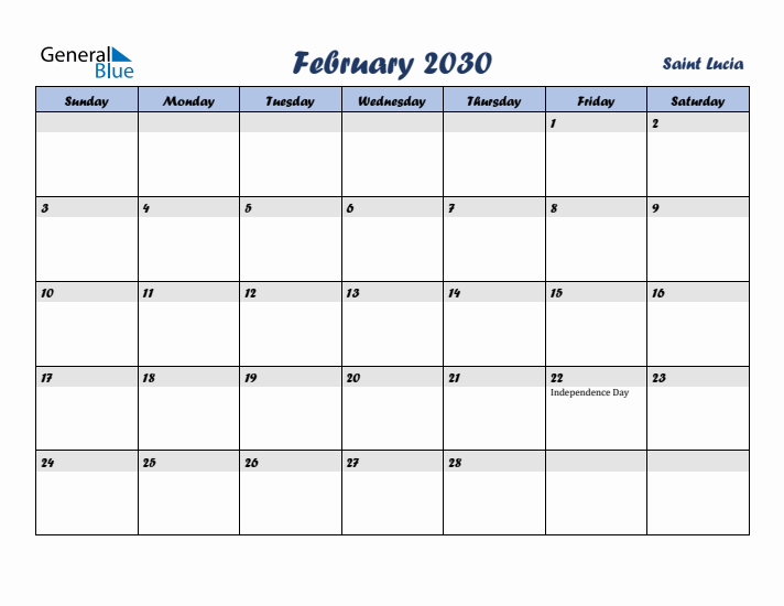 February 2030 Calendar with Holidays in Saint Lucia