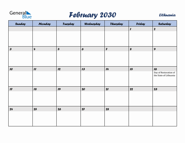 February 2030 Calendar with Holidays in Lithuania